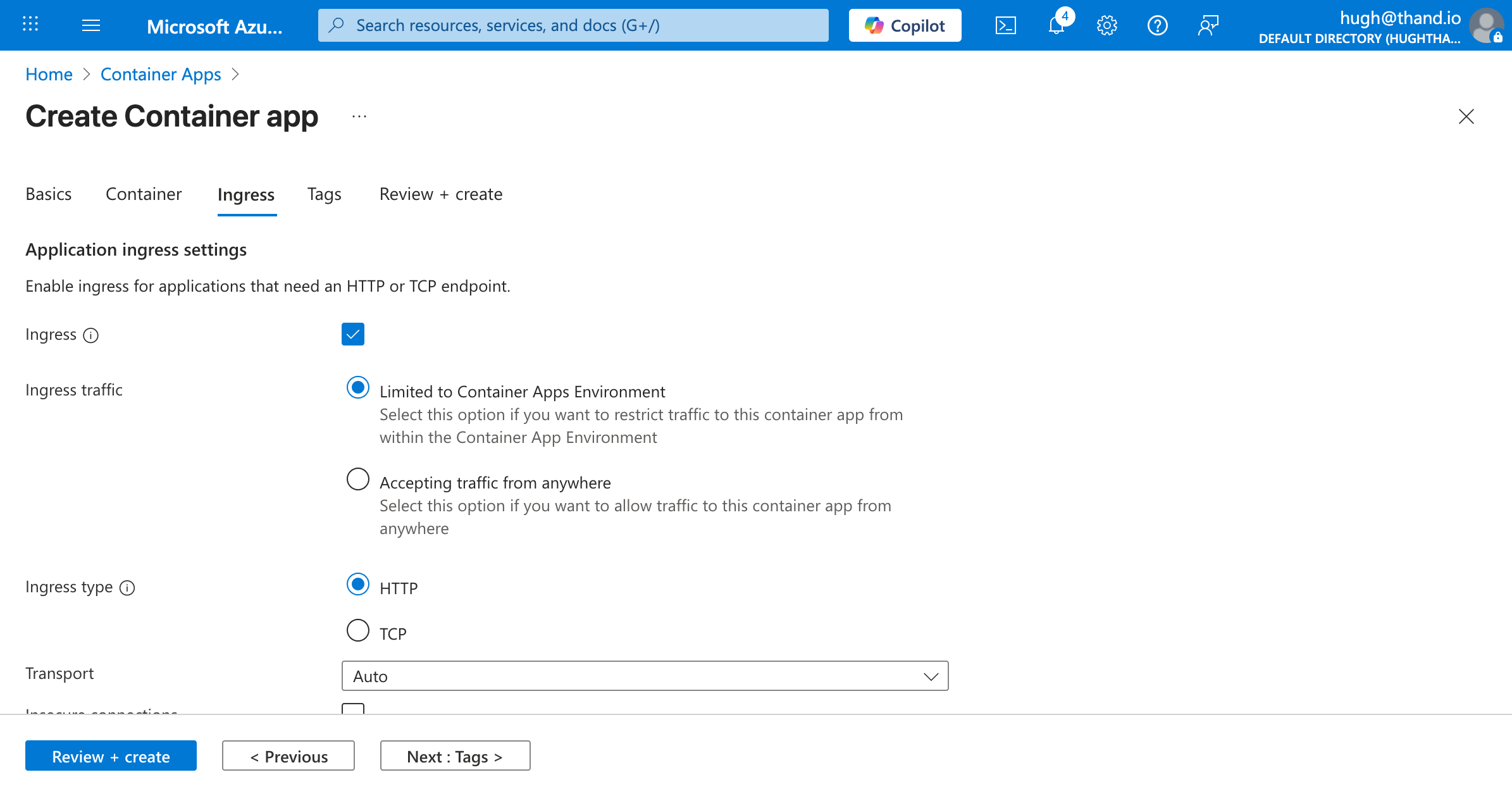 Azure Container Ingress Settings